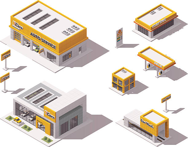 vector road transport related buildings - car dealership stock illustrations