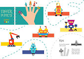 Vector robotics as finger puppets. Cut and glue riddle for preschool kids. Cute paper futuristic robot characters