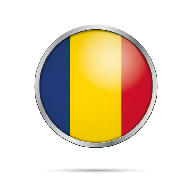 Vector Romanian Flag Button. Romania flag in glass button style. vector art illustration