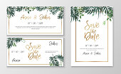 Vector romantic wedding invitation template with watercolor style plants and gold typography