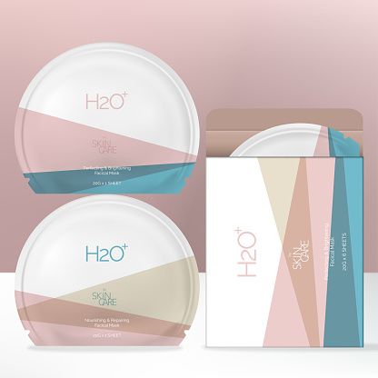 Vector Round Shaped Facial Mask Foil Bag Packet with Minimalist Patel Geometric Print Pattern and Box Packaging.