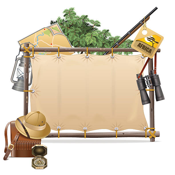 Vector Safari Frame with Canvas Vector canvas with safari accessories, including compass, shotgun, binoculars, hat, kerosene lamp, shoulder bag, map and acacia, isolated on white background boy scout camp stock illustrations