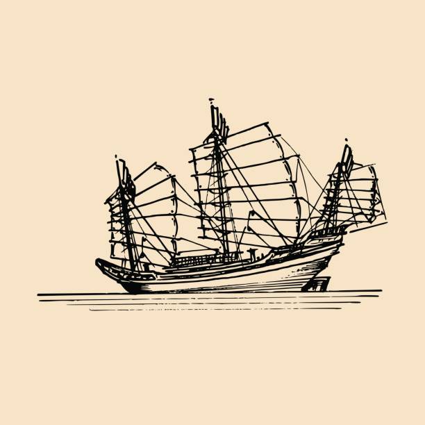 ベクトル中国ジャンク帆船インク線スタイルで海で。手は、東部の帆船をスケッチしました。 - 帆船点のイラスト素材／クリップアート素材／マンガ素材／アイコン素材