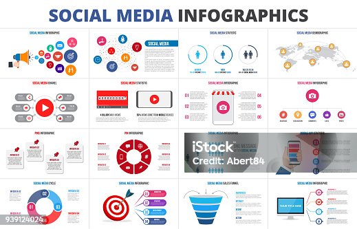 istock Vector sales funnel, statistic, map, online video chanel and pins. Social media infographic set. Presentation slides. 939124024