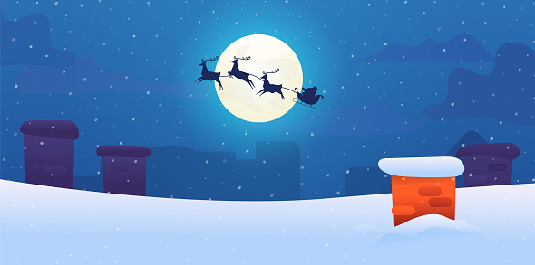 Vector santa sled with flying reindeers snow roof