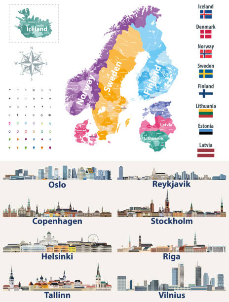 向量斯堪的納維亞和波羅的海國家地圖與國旗和城市天際線：哥本哈根，斯德哥爾摩，奧斯陸，雷克雅維克，赫爾辛基，里加，塔林，維爾紐斯。 - oslo 幅插畫檔、美工圖案、卡通及圖標