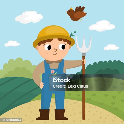 istock Vector scene with farmer standing with hayfork. Cute kid doing agricultural work. Rural country landscape. Child gathering hay. Funny farm cartoon boy illustration with field background 1366400053