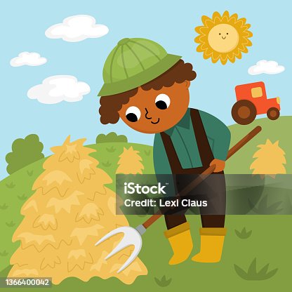 istock Vector scene with farmer working with hayfork. Cute kid doing agricultural work. Rural country landscape. Child gathering hay. Funny farm cartoon boy illustration with field background 1366400042