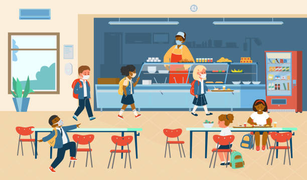 Vector School Canteen With Pupils In Protective Masks Vector School Canteen With Different Races Pupils In Protective Masks Standing In Line To Take Food  And Sitting At Table Eating. School Life During Covid-19 Pandemic. Flat Illustration. cafeteria stock illustrations