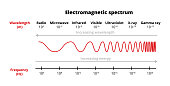 istock Vector scientific illustration of the electromagnetic spectrum –  radio, microwave, infrared, visible, ultraviolet, x-ray, gamma-ray waves isolated on white. Frequency and wavelength. 1354866091