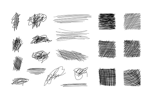 Vector scribble design elements collection, black freeand drawings isolated on white background, hatching templates, shaded squares.