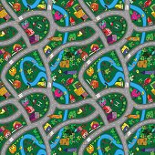 Vector seamless background with cartoon roads and cars. It can be used as a pattern for textile, wrapping paper, children's play mat, board games and etc.