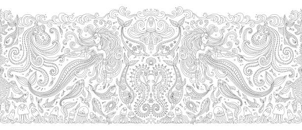 Vector seamless Border black and white pattern. Fantasy mermaid, octopus, fish, sea animal contour thin line drawing. Adults coloring book page, embroidery, wallpaper, textile print, wrapping paper Vector seamless Border black and white pattern. Fantasy mermaid, octopus, fish, sea animal contour thin line drawing. Adults coloring book page, embroidery, wallpaper, textile print, wrapping paper vintage mermaid stock illustrations
