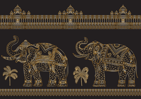 Vector seamless border pattern with fantasy ornate Indian elephant, tropical palm tree, antique architecture temple. Metallic gold thin line, ethnic ornaments on black background. T-shirt print.Batik paint
