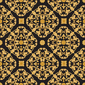 istock Vector seamless Damask pattern from golden Baroque scrolls, acanthus leaf and floral elements on a black background 1354494665