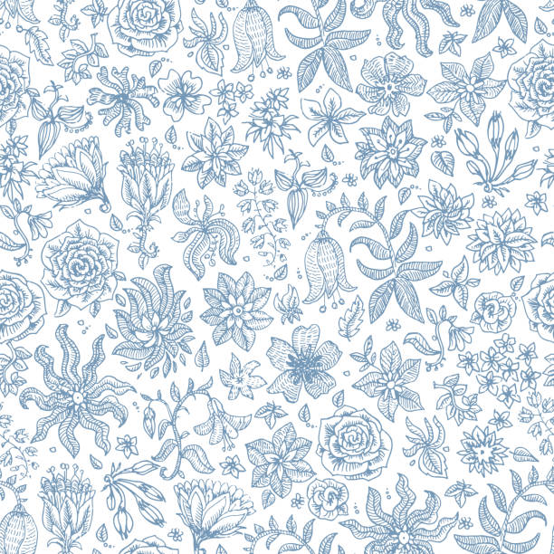 вектор бесшовный цветочный узор из ручной работы обращается маленькие темно-синие цветы и травы на белом фоне, мелкомасштабная текстура. б� - батик stock illustrations