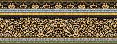Vector seamless gold border print on a black background. Greek meander frieze, Baroque golden flower scrolls, classical carved frieze. Scarf, shawl, rug carpet. 5 pattern brushes in the brush palette