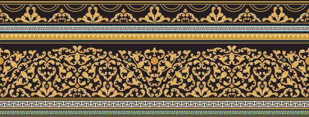 Vector seamless gold border print on a black background. Greek meander frieze, Baroque golden flower scrolls, classical carved frieze. Scarf, shawl, rug carpet. 5 pattern brushes in the brush palette Vector seamless gold border print on a black background. Greek meander frieze, Baroque golden flower scrolls, classical carved frieze. Scarf, shawl, rug carpet. 5 pattern brushes in the brush palette arabesque position stock illustrations