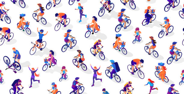 Vector seamless pattern. Cyclists und runners. A woman on a bicycle, a man on a bicycle, a child on a bicycle. People cycling and running. Running girls and women. Isometric 3d Vector seamless pattern. Cyclists und runners. A woman on a bicycle, a man on a bicycle, a child on a bicycle. People cycling and running. Running girls and women. Isometric 3d cycling patterns stock illustrations