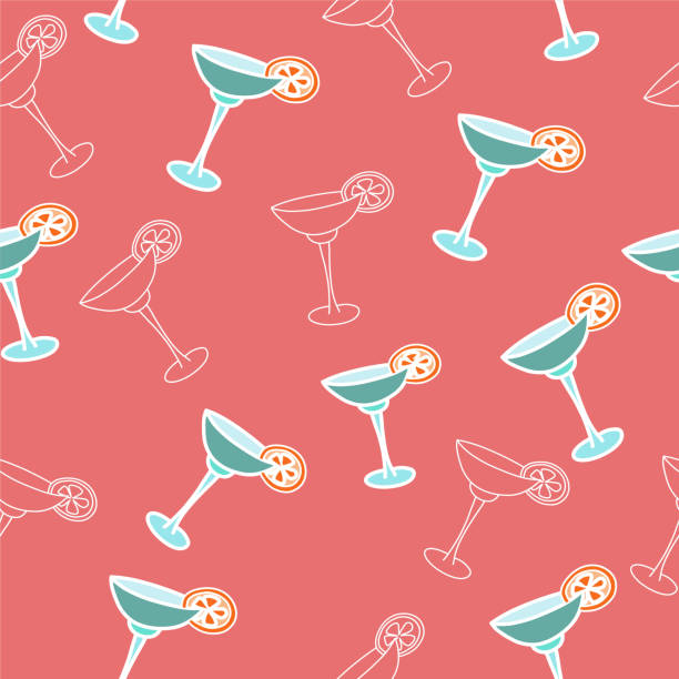 vector seamless pattern drink with ice alcohol margarita in a glass, cocktails vector seamless pattern drink with ice alcohol margarita in a glass, cocktails on a red pink background for textile print and restaurant menu cocktail designs stock illustrations