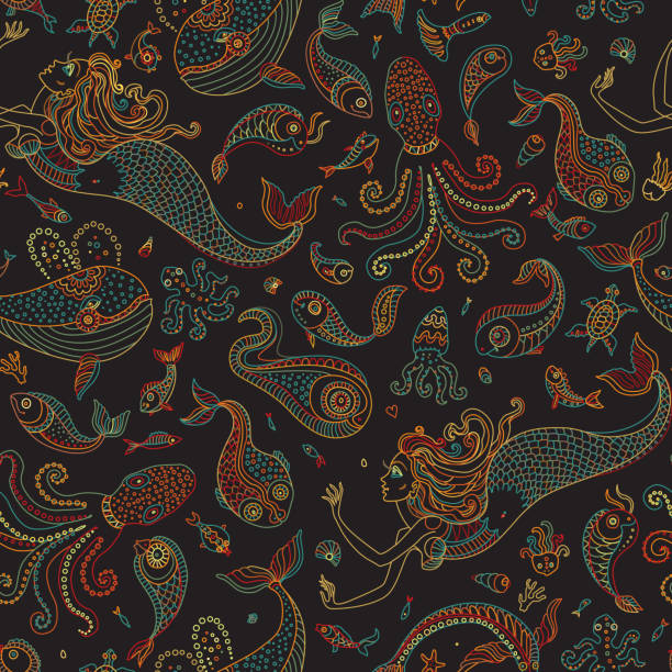Vector seamless pattern. Fantasy mermaid, octopus, fish, sea animals colorful contour thin line drawing with ornaments on a black background. Embroidery border, wallpaper, textile print, wrapping paper Vector seamless pattern. Fantasy mermaid, octopus, fish, sea animals colorful contour thin line drawing with ornaments on a black background. Embroidery border, wallpaper, textile print, wrapping paper vintage mermaid stock illustrations