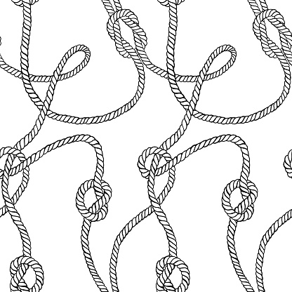 Vector seamless pattern made of twisted ropes with knots. Abstract graphic drawing. Plane nautical ornament.