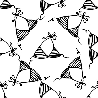 Vector seamless pattern of a swimsuit bra. hand-drawn top of a women's striped swimsuit with a drawstring in the style of a doodle with a black outline on a white background for a design template. a symbol of a beach holiday by the water