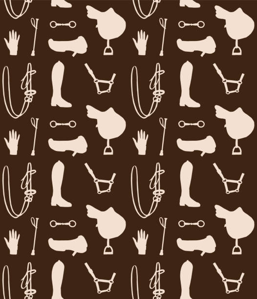 Vector seamless pattern of beige hand drawn doodle sketch equestrian horse riding equipment silhouette Vector seamless pattern of beige hand drawn doodle sketch equestrian horse riding equipment silhouette isolated on brown background horse backgrounds stock illustrations