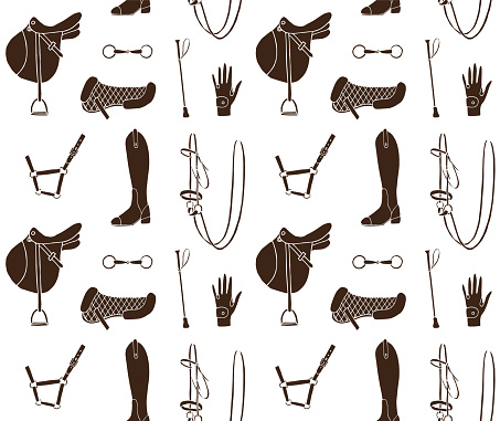Vector seamless pattern of black hand drawn doodle sketch equestrian horse riding equipment
