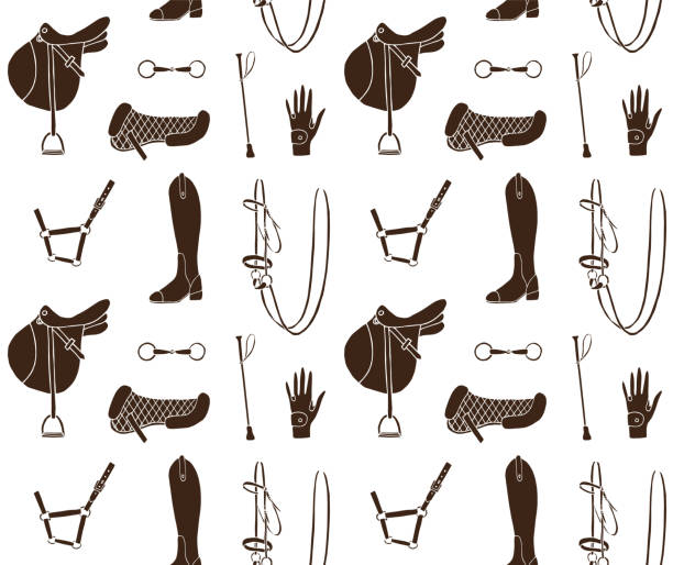 Vector seamless pattern of black hand drawn doodle sketch equestrian horse riding equipment Vector seamless pattern of black hand drawn doodle sketch equestrian horse riding equipment isolated on white background horse designs stock illustrations