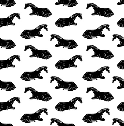 Vector seamless pattern of black hand drawn doodle sketch laying horse isolated on white background