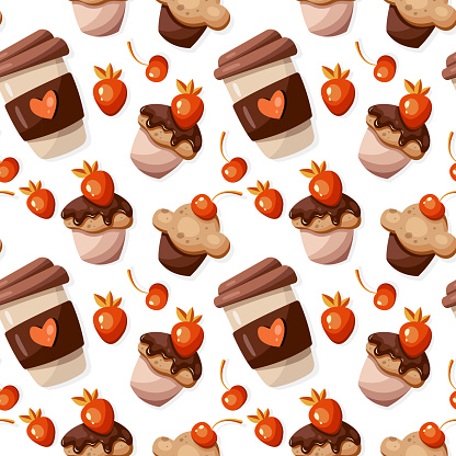 Vector seamless pattern of cupcakes and coffee cup. Cute food background.