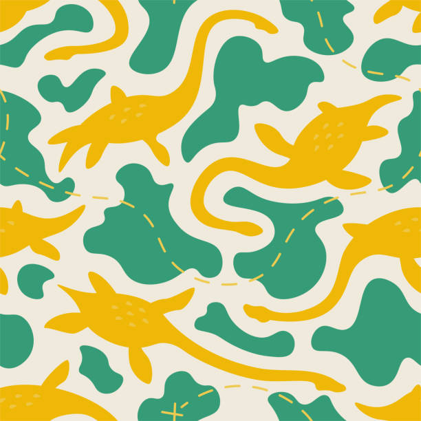 Vector seamless pattern of dinosaurs and islands Green and yellow abstract pattern design. Underwater dinosaurs. Loch Ness monster. loch ness monster stock illustrations