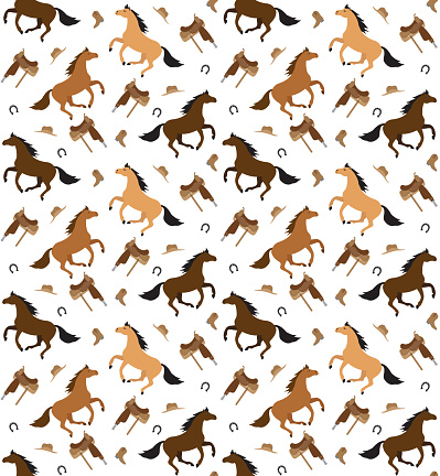 Vector seamless pattern of flat cartoon colored cowboy western horse