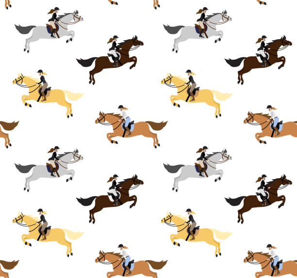 Vector seamless pattern of flat cartoon woman riding show jumping horse Vector seamless pattern of flat cartoon woman riding show jumping horse isolated on white background horse designs stock illustrations