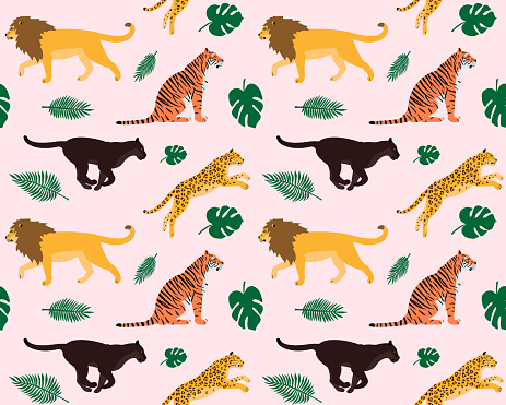 Vector seamless pattern of flat hand drawn big wild cats and palm leaves