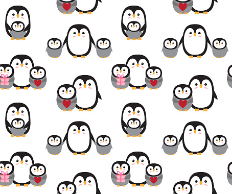 Vector seamless pattern of flat hand drawn penguin mom and baby