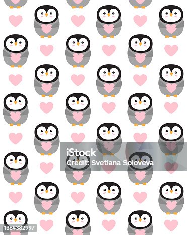istock Vector seamless pattern of flat penguin with heart 1364382997