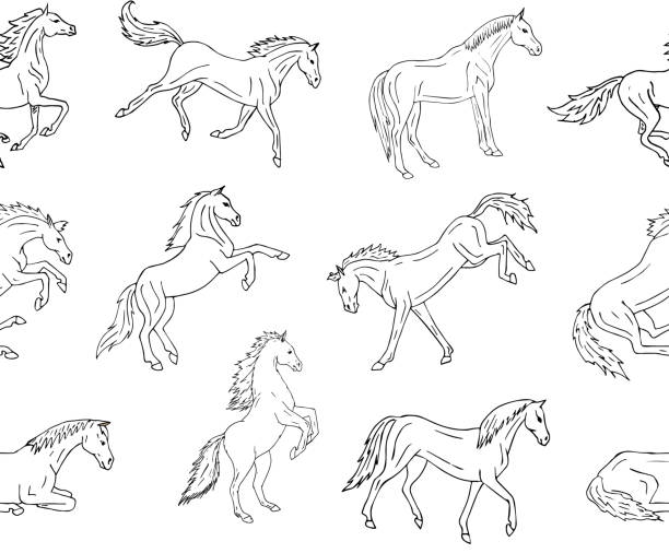 bildbanksillustrationer, clip art samt tecknat material och ikoner med vector seamless pattern of hand drawn doodle sketch horse - western horse pattern