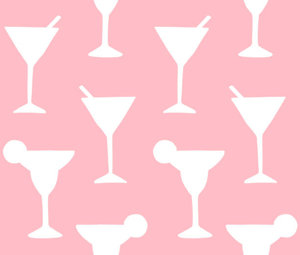 Vector seamless pattern of hand drawn doodle sketch margarita and martini cocktail silhouette Vector seamless pattern of hand drawn doodle sketch margarita and martini cocktail silhouette isolated on pink background cocktail silhouettes stock illustrations