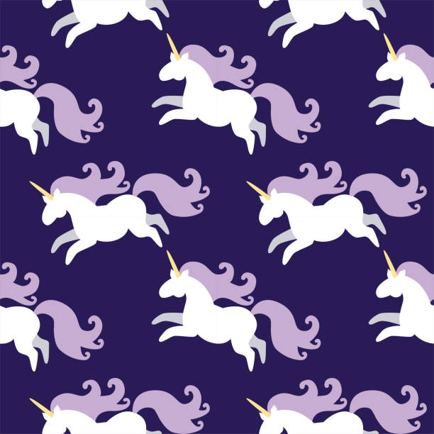 Vector seamless pattern of magic fat white unicorn horses with purple mane running around night sky. Starry night sky. Childrens, kids concept. Textile template horse backgrounds stock illustrations