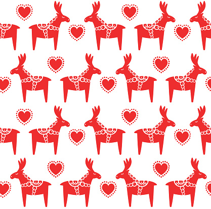 Vector seamless pattern of red flat colored Scandinavian Dala deer moose isolated on white background