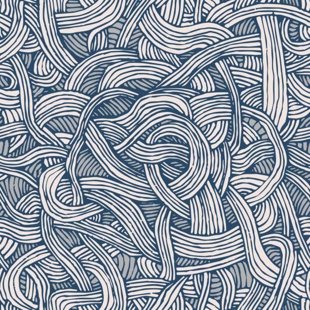 Vector seamless pattern of twisted tapes or spaghetti. Hand-drawn graphic. Vector seamless pattern of twisted tapes or spaghetti. Hand-drawn graphic. pasta backgrounds stock illustrations