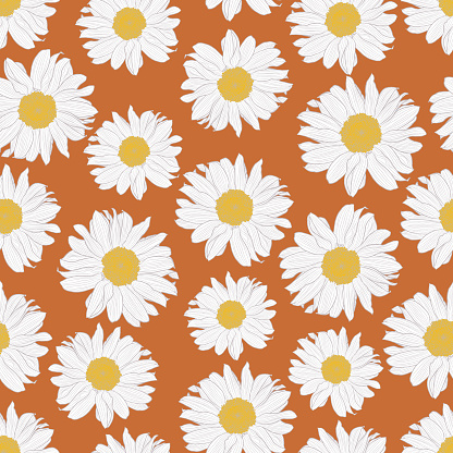 Vector seamless pattern of yellow and white chamomile flowers on terracotta background
