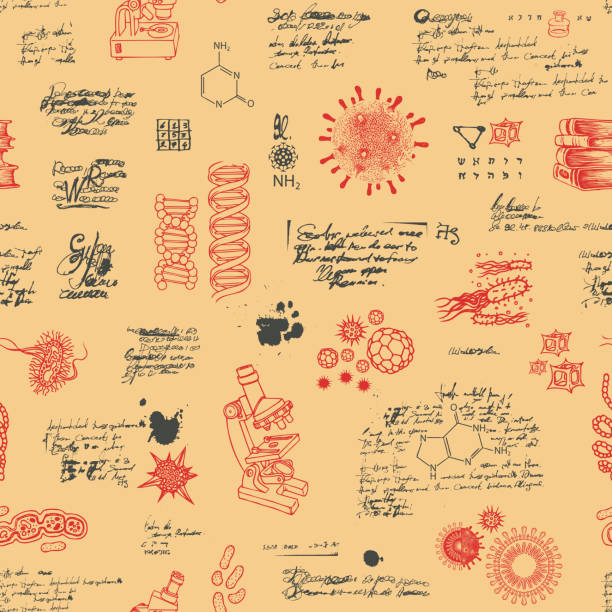 vector seamless pattern on a scientific theme Vector seamless pattern on the theme of laboratory research, chemistry, Microbiology, medicine, genetics. Hand-drawn background with sketches and illegible entries in retro style on an orange backdrop dna drawings stock illustrations