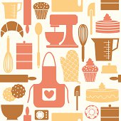 Seamless pattern in retro style with baking and kitchen items.