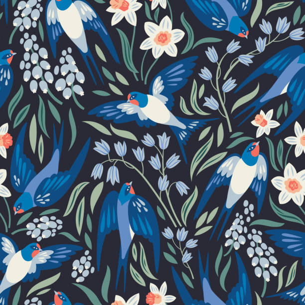 Vector seamless pattern Vector seamless pattern with flying swallows and spring flowers: narcissuses, hyacinths and muscari bird patterns stock illustrations
