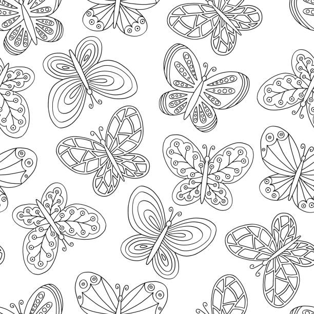 Vector seamless pattern with abstract hand-drawn multicolored butterflies, coloring page Vector seamless pattern with abstract hand-drawn multicolored butterflies, coloring page for children and adults butterfly coloring stock illustrations