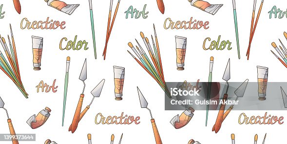 istock Vector seamless pattern with art supplies: brushes, palette knife, paint tubes, "Art", "Color", "Creative" handwritten lettering. 1399373644