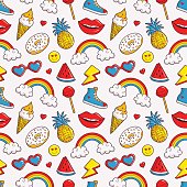 Colorful seamless pattern with patch badges. Fashion background in white, red, blue and yellow colors. Vector trendy illustration in 80s-90s comic style.